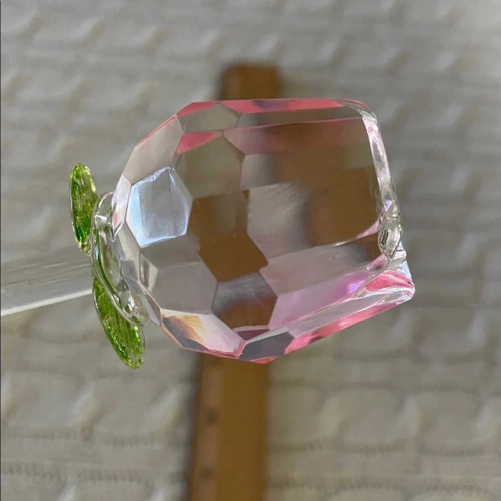 13.25” glass single stem rose w/ leaves.  Clear pink and green no chips/cracks